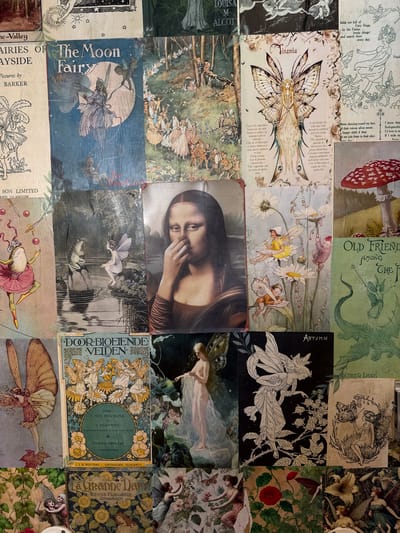 The image is a collage or collection of book covers and illustrations, predominantly featuring fairies, fantasy elements, and vintage artwork. There is a variety of colors and styles present, including depictions of fairies in natural settings, artistic renderings of fairy-tale characters, and some text excerpts from the books or illustrations. One central image is a portrait of a woman covering her mouth, reminiscent of the Mona Lisa. The scene does not seem to depict a specific location in West Oxfordshire.