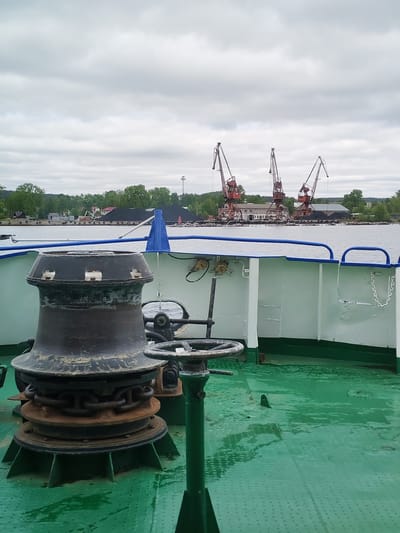 The image captures a view from the wet, green deck of a vessel, likely a ship or large boat, looking towards an industrial port on the shoreline. The scene is set in Medvezhyegorsk, Russia.

In the foreground, a prominent dark-colored winching mechanism, possibly a capstan or windlass, with visible chains, stands on the deck. Adjacent to it, part of a control wheel is visible. The vessel's side, painted white with blue railings, stretches across the mid-left. The deck appears wet, suggesting recent rain or spray. A small label with the number "220" is faintly visible on the vessel's white wall.

Beyond the vessel's bow lies a calm body of water. The background features an industrial harbor with three prominent, red gantry cranes standing tall against the sky. Piles of dark bulk material, resembling coal, are stacked along the shore near the cranes and various buildings, some industrial and others appearing residential. The shoreline is also densely covered with green trees. A tall communication tower or similar structure is visible on the far right. The sky is overcast with heavy clouds, indicating a cloudy daytime. No people are visible in the scene.