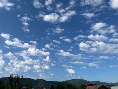 The image depicts a rural landscape beneath a bright blue sky dotted with scattered white clouds. In the foreground, lush green trees partially obscure the rooftops of several houses, characterized by their red tile and weathered metal roofing materials. Beyond the homes, rolling hills covered in dense, dark green forests stretch across the horizon. The lighting suggests a daytime scene, likely mid-morning or afternoon, given the clear visibility and the contrast between the sky and the landscape. The image appears to be taken from an elevated viewpoint, looking out over the houses and towards the distant hills. The absence of people or any observable activity suggests a serene, uninhabited view of the natural and built environment. The location is identified as the city of Bistrița, Romania, implying a setting within or on the outskirts of the city, where such a blend of residential buildings and natural topography would be found.