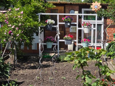The image depicts a sunlit garden scene, likely a backyard, in Halle (Saale), Germany. In the foreground, there are newly planted seedlings and some ripening red currants on a bush. Two coiled metal stakes are prominent on either side of the foreground. The midground features a white trellis structure adorned with several potted flowering plants, including petunias in various colors like pink, white, and purple. Behind the trellis is a small building with wooden and brick elements. A clock is visible on the brick portion of the building, and a decorative metal flower adorns the roofline. Various plants, including a rose bush with pink flowers and lavenders, are interspersed throughout the garden. The ground is a mix of tilled soil and some paved areas. The overall impression is that of a well-maintained residential garden.