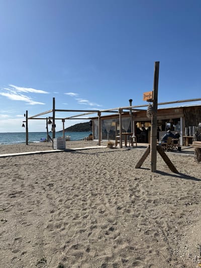 A wide, horizontally oriented photograph captures a sunny beach scene featuring a rustic wooden beach bar on the right side. The sky on the left is a clear, bright blue with a few thin white clouds, indicative of a beautiful day. The beach bar structure is built from rough-hewn wooden logs and features a roof that appears to be made of natural materials, possibly reeds or straw. Inside, tables and chairs are visible, with one person wearing a blue top seated at a table, suggesting a leisurely activity like dining or relaxing.

An expanse of light-colored sand, marked with numerous footprints, stretches from the foreground towards the beach bar. Shadows from the wooden support beams fall across the sand, indicating strong daylight. A prominent wooden post near the center of the structure holds a small, orange rectangular sign with the word "Dimello" clearly written in white script. Ropes are wrapped around this main post, contributing to the rustic aesthetic.

Beyond the beach bar on the left, the calm, turquoise sea extends towards a distant, green-covered landmass or island under the clear sky. A white wooden crate is positioned on the sand closer to the water. The scene conveys a sense of tranquility and an inviting coastal atmosphere, likely in Anatoliki Attiki, Greece, under bright, sunny weather.