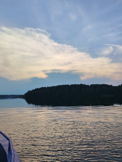 This is a wide-angle, eye-level, outdoor photograph taken from a boat on a body of water, likely a lake, in Edoma, Russia. The scene depicts a calm, reflective body of water in the foreground, with gentle ripples distorting the reflection of the sky and the distant shoreline. A dark, silhouetted treeline marks the edge of the land in the mid-ground, creating a stark contrast against the softer tones of the sky. The sky itself is a dominant feature, filled with a mix of pale blue and scattered, wispy clouds that catch the light, suggesting either dawn or dusk. The colors in the sky range from soft blues to pale yellows and hints of pink, indicating a tranquil atmospheric condition. The left side of the frame includes a portion of the boat's railing, painted a light blue, providing a sense of perspective and scale for the viewer. No people are visible in the frame. The overall impression is one of serene natural beauty and quietude.