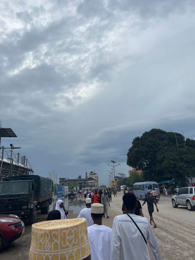 The image presents a wide view of a crowded street in Zanzibar City, Tanzania, under a heavily overcast sky dominated by dense grey clouds. The road surface appears unpaved in sections and features multiple puddles, indicating recent rainfall.

In the immediate foreground, the back of an individual wearing a prominent yellow and white embroidered Kofia (cap) is visible on the left. To their right, two other individuals are seen from behind; one wears a white Kofia and a white thobe-like garment, while the other wears a white long-sleeved shirt with a black strap across their back.

On the left side of the street, a dark green Ashok Leyland truck with a canvas cover over its bed is parked, facing away from the viewer. A red car is partially visible in front of the truck. Behind these vehicles, a multi-tiered structure resembling a grandstand or scaffolding is visible, followed by white pillars and several multi-story buildings, one of which features a distinct minaret in the mid-distance.

The central and mid-ground sections of the image are densely populated with pedestrians, many walking in the same general direction. A significant number of individuals are dressed in traditional Islamic attire, including Kofias and thobes for men, and hijabs for women.

On the right side of the road, a light blue minibus is observed, either parked or slowly moving, followed by a large, full-canopied green tree. Further down the street, a silver SUV is visible. Tall streetlights line both sides of the thoroughfare, extending into the background, where additional buildings, including one with a light-colored domed roof, are discernible amidst the continuing flow of people.
