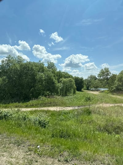 This image depicts a rural landscape under a partly cloudy blue sky. A dirt road winds through lush green fields and is flanked by dense trees. In the distance, a body of water is visible, surrounded by more trees. The scene appears to be natural and undeveloped, with no immediate signs of human habitation or activity, apart from the dirt road. There are no people or animals visible in the image. The overall impression is one of a serene, natural environment.