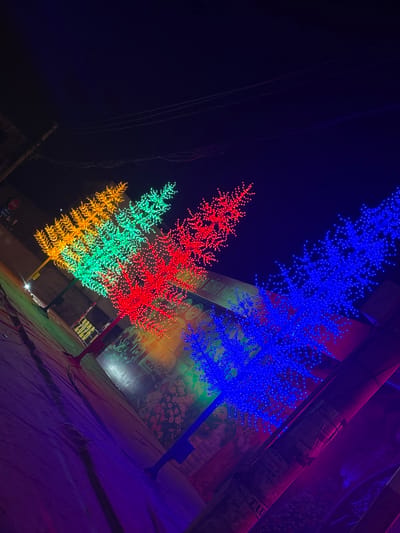 This nighttime image, captured in Quỳnh Lưu Commune, Vietnam, depicts a static urban scene dominated by four illuminated artificial trees arranged in a diagonal line. From left to right, the trees are lit with dense arrays of small LED lights in yellow, green, red, and blue, respectively. The trees stand on what appears to be a paved surface, reflecting their vibrant colors, with purple and blue hues prominent in the foreground. In the background, behind the trees, a building facade displays a large banner or mural with colorful floral patterns and partially visible Vietnamese text, including "BÌNH NGỮ". The upper portion of the frame shows a dark night sky with power lines horizontally traversing it, and a utility pole is partially visible on the far left. No individuals or active subjects are present.