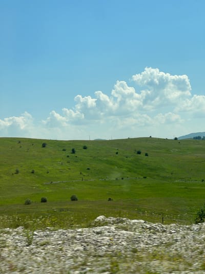 A pastoral scene unfolds under a bright blue sky dotted with fluffy white clouds. The landscape features rolling green hills, sparsely populated with small trees and shrubs. A dry stone wall, partially visible, traverses the slope of one hill. In the foreground, the ground is covered with rocks and low-lying vegetation, appearing somewhat blurred, suggesting movement or a shallow depth of field. The scene is devoid of any human presence or activity. The image evokes a sense of natural tranquility and vastness.