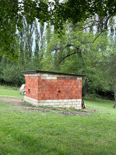 The image depicts an unfinished brick structure in a grassy, outdoor environment. The structure appears to be a small, shed-like building constructed with red bricks and lighter-colored blocks. It has a simple, flat roof with visible metal edging. There are openings or voids in the brickwork of the structure, suggesting it is incomplete or designed for ventilation.
The surrounding area is characterized by green grass, with some scattered debris, including wooden planks, near the base of the structure. In the background, there are numerous tall, slender trees, likely poplars, with dense green foliage. The overall impression is one of a rural or semi-rural setting. There are no people visible in the image. The lighting suggests an overcast or cloudy day. The scene is a snapshot of a partially constructed building in a natural, vegetated landscape.