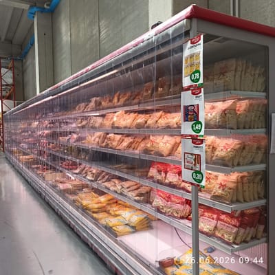 This is a close-up, slightly tilted shot of a refrigerated display case in a grocery store. The shelves are filled with various types of pasta in packaging. The overall lighting is bright, likely from interior store lights, creating a well-lit scene.
Visible products include bags of pasta with brands like "La Contadina," "Kraft," and "Fiorucci." Some packaging indicates "Pasta Fresca" and "Grano Duro." There are price tags visible, with values such as 0.78, 1.49, and 0.39. One tag includes a date of "26.06.2026 09:44," suggesting a possible expiration date or a timestamp related to stocking.
The scene appears to be an indoor grocery store environment, as suggested by the refrigerated display and the industrial concrete ceiling in the upper part of the image. The display case has clear plastic doors or barriers, creating reflections and layers within the image. The absence of people suggests the photo was taken when the aisle was not actively being shopped.
The overall impression is a well-organized retail display of food products, with a focus on pasta.