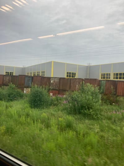 This image captures an industrial or logistical area, possibly on the outskirts of Sokolovo, Russia, under an overcast sky. In the background, a large, modern building with a grey facade and yellow trim is visible. The building features a series of evenly spaced rectangular windows with yellow frames. A metal ladder is affixed to the side of the building.
In the middle ground, a row of old, weathered shipping containers is stacked, with some appearing rusty and others showing signs of wear and tear. The containers exhibit various colors, predominantly dark brown and some hints of green.
The foreground is dominated by lush, green vegetation, including tall grasses and bushes. Scattered within the greenery are small pink and purple wildflowers, adding touches of color to the scene. The perspective suggests the photo was taken from a moving vehicle, likely a train or car, as indicated by the blurred motion of the foreground and the reflections on the window in the upper portion of the image. There are no people or animals visible in the frame. The overall impression is one of an active, albeit somewhat industrial and overgrown, landscape.