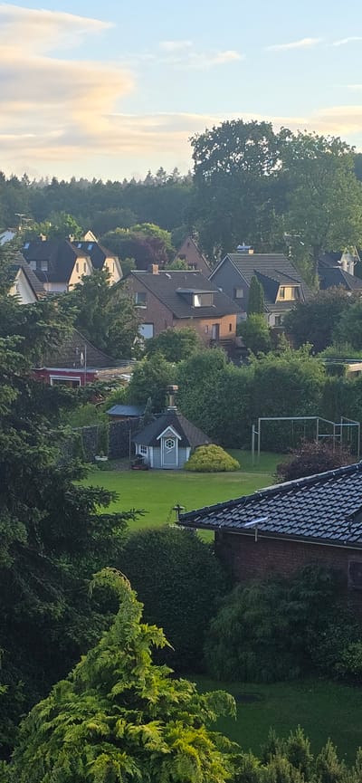 This aerial photograph, taken from a high vantage point in Seevetal, Germany, depicts a residential neighborhood bathed in the warm light of either sunrise or sunset. The scene is dominated by a dense canopy of lush green trees that partially obscure a collection of houses and a small, hexagonal garden structure. The houses, of varying architectural styles, feature pitched roofs and appear to be well-maintained. In the middle ground, a small, light-blue, hexagonal structure with a dark, conical roof and a chimney stands on a neatly mowed green lawn. This structure has a small window and a decorative, geometric design on its front door. Adjacent to this structure is a modern swing set, its metal frame visible against the trees. The foreground is filled with the dense foliage of mature trees, their branches creating a natural frame for the view. The sky above is a pale blue, streaked with wispy, golden clouds, suggesting the early or late hours of the day.