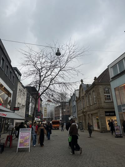 The image shows a street scene in Osnabrück, Germany, characterized by its urban setting and commercial activity. The street is lined with buildings of varying architectural styles, including older buildings with ornate facades and newer buildings with modern designs. A bare tree stands prominently in the foreground, its branches reaching across the frame.
People are present, walking along the paved street. Shops and restaurants line the street, with visible signs such as "CAMP DAVID" and "NORDSEE." A menu board advertising food is placed near outdoor seating. A street lamp is visible among the branches of the tree. The sky is overcast, suggesting a cloudy day.