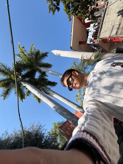 An upside-down view shows a person wearing a white sweater and sunglasses, seemingly looking up at palm trees against a clear blue sky. Above, part of a building with white laundry hanging from a balcony is visible. The perspective is unusual, giving the impression that the viewer is looking down from above. There's some foliage along with an electrical wire running through the lower part of the frame.