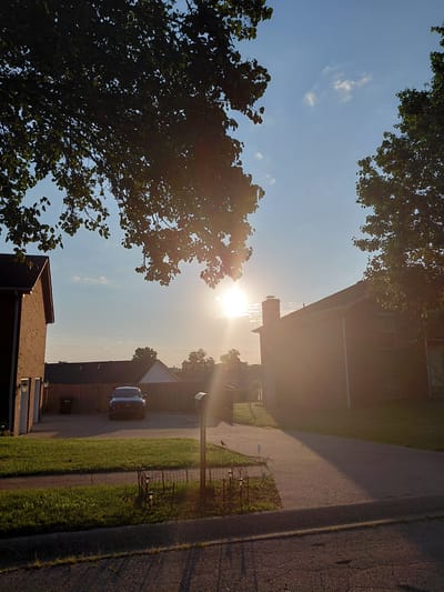 An outdoor, eye-level shot captures a suburban residential setting at dawn or dusk. The sun, a bright orb with visible rays, is positioned in the upper center of the frame, casting a warm, hazy glow across the scene. Silhouetted tree branches, heavy with leaves, frame the top of the image, adding a natural element to the built environment.

Two brick houses are visible on either side of the frame. The house on the left is partially visible, showing a dark-colored roof and a section of its brick exterior, with two outdoor light fixtures. The house on the right is more prominent, featuring a peaked roof with a chimney and multiple windows. A driveway extends from the house on the left, leading to a dark-colored SUV parked in front of a wooden fence that separates the properties.

The foreground consists of a paved surface, likely a street or driveway, with a strip of green grass and a decorative metal fence to the left. A mailbox stands near the driveway. The sky is a clear blue, with a few wispy clouds scattered across it. The overall impression is one of a quiet, peaceful neighborhood bathed in the soft light of the rising or setting sun.

The image is located in the city of Richmond, United States of America, in a suburban area characterized by single-family homes, driveways, and manicured lawns. The time of day is either early morning or late evening, as indicated by the low angle of the sun and the warm lighting. There are no people or animals clearly visible in the scene, though a bird can be seen on the grass to the right of the frame. The environment appears to be well-maintained, with no signs of disrepair or neglect.