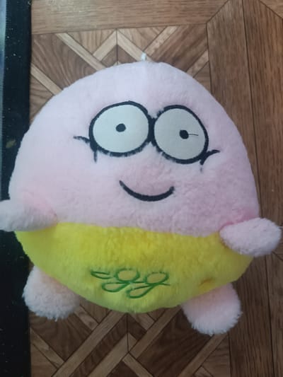 A plush toy resembling a pink egg with a yellow lower half is lying on a wooden floor. The toy has large black-outlined eyes with dots for pupils, a wide smile, and small pink arms and legs. Green embroidery on the yellow section forms the word "egg." The wooden floor has a diagonal plank pattern. The image is cropped, showing the toy from a slightly high angle. The location provided, Бидайкөл, Kazakhstan, is not visibly represented in the image itself, nor is there any indication of a specific urban setting.