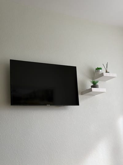 In Rūjiena, Latvia, a black television is mounted on a textured, off-white wall. To the right of the television, two white shelves are also attached to the wall. The lower shelf holds a small potted plant with green, spiky leaves. The upper shelf displays a similar potted plant and a diffuser with black reeds. The ceiling is visible in the upper right corner of the image.