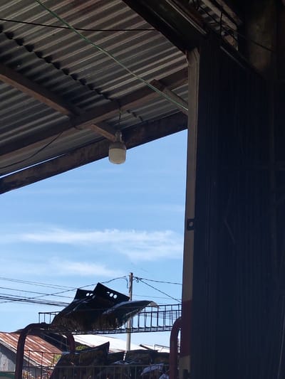 A corrugated metal roof covers the top left of the image, with a hanging light bulb. Below, blue sky is visible. Power lines run across the mid-ground, above a structure holding items covered in black material. A dark, vertical element dominates the right side, obscuring the view. The scene conveys a sense of being in a covered, possibly industrial, space.