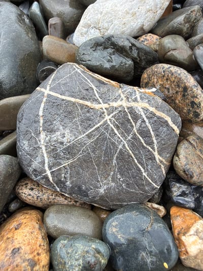 A close-up, overhead view shows a collection of wet, rounded rocks of various sizes and colors, primarily gray, brown, and white, on a beach. The dominant rock in the foreground is dark gray with prominent white and yellow veins. The rocks are densely packed, with some appearing partially submerged in water. The setting is identified as the city of Ust-Kabirza, Russia. There are no people or animals visible in the image.