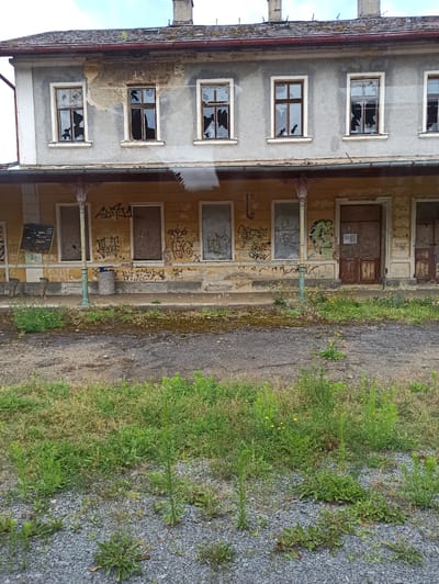 The image shows a dilapidated building, likely a former train station, in Teplá, Czechia. The facade of the building is weathered and stained, with peeling paint and exposed brickwork. Several upper-story windows are broken, revealing shattered glass and dark interiors. The lower level features a covered walkway with yellowing walls heavily graffitied. Some windows on this level are boarded up, while others appear to be open and dark. A green lamppost stands in front of the building, next to a partially obscured trash receptacle. The ground in front of the building is a mix of gravel and patchy vegetation, with weeds and small yellow flowers growing amongst the stones. The overall scene conveys a sense of abandonment and neglect.