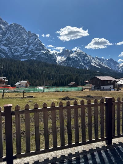 The photograph shows a mountain landscape in Sappada, Italy. A wooden fence runs across the foreground. Beyond the fence, a grassy field leads to a dense forest of evergreen trees that ascends the mountainside. The mountains rise sharply in the background, capped with snow and framed by a blue sky dotted with fluffy white clouds. Several buildings are scattered throughout the scene, including what appears to be a traditional Alpine house with a dark roof. A green mesh fence is also visible in the mid-ground.