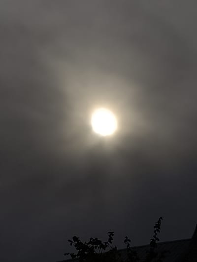 The image presents an atmospheric sky scene, likely in Kolosisty, Russia, dominated by a bright, circular, diffused light source in the upper center. This luminous object, possibly the sun or a very bright moon, is heavily obscured by a dense, dark grey cloud cover or fog, creating a significant halo effect. The sky transitions from a deep charcoal grey at the top and bottom to a brighter, almost white glow around the central light source.

In the lower part of the frame, dark silhouettes of foliage, appearing as tree branches with leaves, are visible, extending from the bottom and slightly to the right. Below the foliage, the dark outline of a building or roof structure can be discerned, indicating an urban or suburban setting. The weather conditions are characterized by heavy overcast skies, haze, or fog, which diffuses the intense light. The exact time of day is ambiguous due to the extensive cloud cover. There are no people, explicit activities, or visible text in the image.