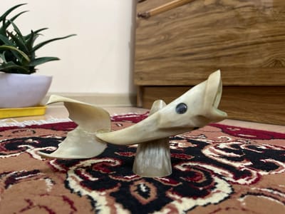 The image shows a carved bone sculpture of a fish, placed on a rug. The fish is light brown and appears to be made from horn, with a dark eye. It is mounted on a conical stand. The rug has a complex pattern in shades of red, black, and brown. In the background, a potted succulent plant is visible to the left, and a wooden cabinet or furniture piece is to the right. The scene appears to be indoors, possibly in a room in Mary City, Turkmenistan.