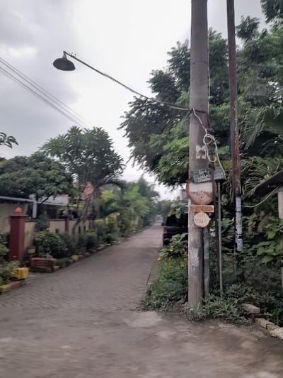 The image displays a serene, overcast daytime scene of a narrow, paved road in a residential or semi-rural setting, likely in Kecamatan Gempol, Indonesia. The road, constructed from gray interlocking pavers, extends into the distance, subtly curving to the left.
The path is bordered on both sides by dense, lush green vegetation, consisting of various trees and shrubs. On the left side of the road, two utility poles stand prominently in the foreground. The nearer pole, a thick concrete structure, supports a street lamp with a wide, dark shade extending over the roadway. Numerous electrical or communication wires are visible, crisscrossing between the poles and overhead.
Attached to the pole further back are several small signs: a round wooden sign explicitly reads "GEMPOL 10 KM," while another round sign appears to show "200." Below these, small rectangular white signs with black text are affixed, one clearly stating "NO. 16" and another partially visible with the word "KAMPUNG..."
On the right side of the path, glimpses of buildings with reddish-brown roofs and walls can be seen peeking through the foliage. Closer to the foreground on this side, a red structure resembling a mailbox is partially visible. The sky overhead is a uniform light gray, indicating an overcast day with diffused lighting and no direct sunlight. The scene is devoid of human or animal activity, conveying a sense of quietude.