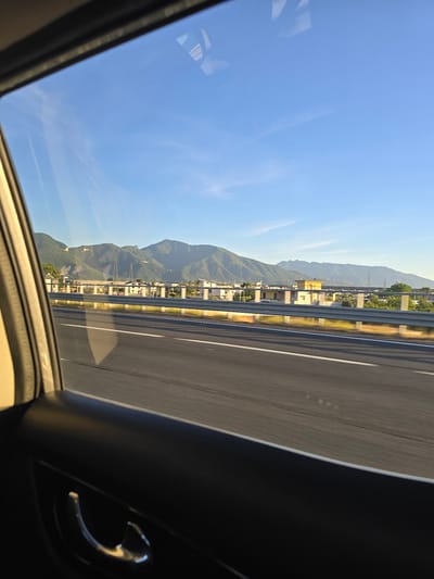 The image is taken from inside a vehicle, looking out the passenger side window. The foreground shows a portion of the car's interior, including the door panel and a silver door handle. The middle ground features a multi-lane highway with a metal guardrail separating the lanes. The highway appears to be a main road or autostrada, indicated by its width and clear lane markings.
Beyond the highway, a town or suburban area is visible, characterized by low-rise buildings with light-colored facades and some yellow structures. Power lines and utility poles are scattered throughout the landscape. In the background, a range of green, tree-covered mountains dominates the horizon under a clear blue sky with wispy clouds. The sun is low in the sky, casting a warm light on the scene and creating reflections on the car window and the highway guardrail.
Based on the provided context, this scene is located in the vicinity of San Valentino Torio, Italy. The view suggests a drive along a highway that passes by the town and its surrounding mountainous terrain, likely during the late afternoon or early morning due to the quality of light. No people are visible in the frame.