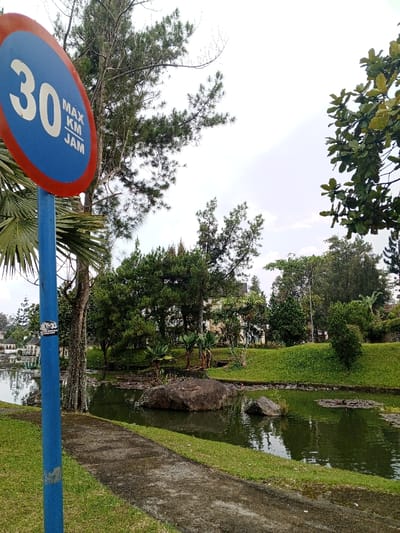 This image depicts an outdoor landscape scene in Weintiapa, Liberia, featuring a body of water, lush vegetation, and a speed limit sign under an overcast sky. In the immediate foreground on the left, a blue pole stands upright, supporting a circular speed limit sign. The sign is predominantly blue with a red border, displaying the white number "30" prominently above the white text "MAX KM JAM". To the right of the pole, a concrete pathway, wet in areas, curves gently along the edge of a dark green body of water, resembling a pond or small lake.

The water contains several dark, partially submerged rocks and scattered lily pads on its surface, reflecting the overhead sky and surrounding foliage. The banks lining the water are covered in neatly maintained green grass, which rises into gentle slopes. A variety of trees and plants fill the midground and background, including tall coniferous trees with sparse branches, dense broadleaf trees, and smaller tropical-looking plants. Palm fronds are visible near the speed limit sign on the left. In the further background, partially obscured by the extensive greenery, several light-colored buildings with dark roofs are discernible, suggesting a structured area beyond the natural landscape. No individuals or animals are present in the scene.