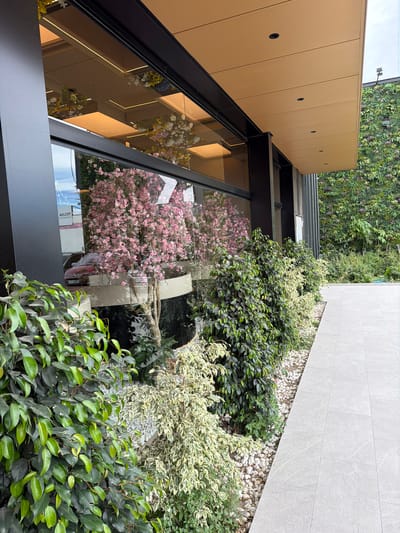The image shows an outdoor space in Torreforta, Spain. A modern building with light brown and gray tiled walls frames the scene. The building has large windows reflecting the outside environment. Inside, there are decorative floral arrangements, including artificial cherry blossoms and other flowers. Outside, various green plants and shrubs grow along the base of the building. A vertical garden is visible on the wall behind the building. White decorative stones are placed among the plants.