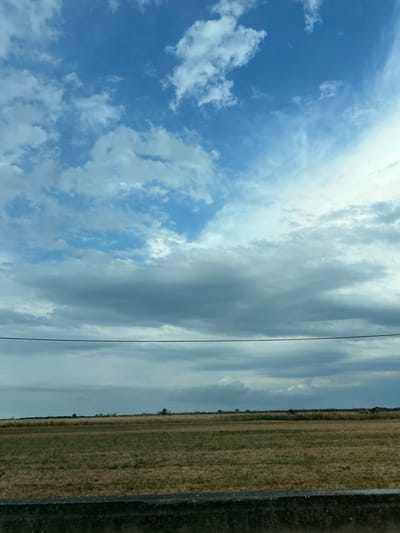 A wide shot captures a pastoral landscape under a partly cloudy sky, taken from a low vantage point. In the foreground, a dark, textured concrete barrier runs horizontally across the bottom of the frame, suggesting the edge of a road or pathway. Beyond this, a vast expanse of dry, golden-brown grass stretches into the middle ground, appearing as a field with some scattered green patches. A dark, thin wire traverses the mid-ground of the image, running horizontally and dividing the field from the sky. The horizon line is marked by a distant, flat landscape dotted with silhouetted trees and indistinct structures, indicating a rural or suburban setting. The sky above is a dynamic mix of deep blues and dramatic, gray-tinged clouds, with lighter, wispy formations scattered throughout. The overall impression is one of a vast, open space under an atmospheric sky. The image is likely a view from the outskirts of Barletta, Italy, possibly along the coastal plain.