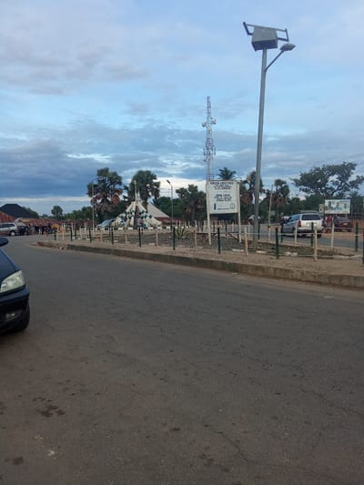 The image depicts a street scene in Unguwar Gaya, Nigeria. The street is asphalt, showing signs of wear and tear. On the left side, the front of a dark-colored car is partially visible. Across the street, a traffic island is adorned with a white and green geometric monument, flanked by palm trees. Signboards are posted on the island, with an announcement that reads "PEACEFUL COEXISTENCE." A telecommunications tower rises in the background. A tall light pole stands on the right side of the island. Several cars and people are visible further down the street, adjacent to market stalls or shops with corrugated roofs. The sky is partly cloudy, with a mix of blue and gray tones.