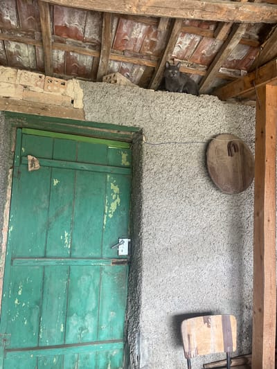 A medium-sized, dark grey cat with prominent yellow eyes is positioned centrally on a textured light grey concrete ledge or wall top, looking directly forward. This structure is situated beneath an exposed roof composed of wooden beams and reddish-brown terracotta tiles, some exhibiting white efflorescence. To the left, a weathered, peeling green wooden door occupies a significant portion of the frame, secured by a silver-colored modern lock assembly. A small, light-colored piece of paper or fabric is attached to the upper left panel of the door. The surrounding wall, including the surface below the cat, presents a rough, pebbled texture in a light grey tone. To the right of the door, a circular wooden object with a U-shaped metal fixture is mounted on the textured wall. Thin white and blue electrical wires run horizontally across this wall above the wooden object. A sturdy, light brown wooden post extends vertically along the far right edge of the image. In the lower right corner, the light brown wooden backrest of a chair with a dark metal frame is partially visible. The scene is located in Blaskovo, Bulgaria, under what appears to be a covered, open-air structure.
