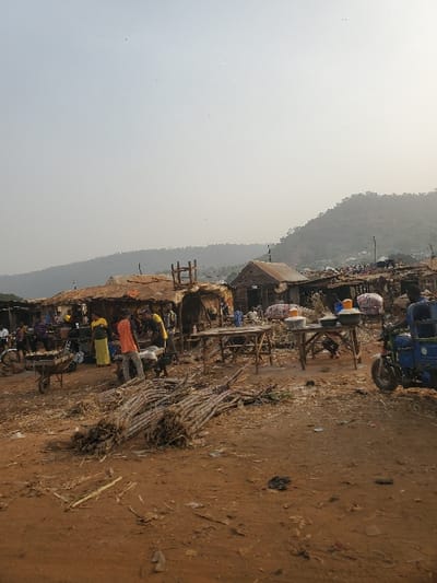 This image depicts an outdoor market scene in Koton Karifi, Nigeria. The ground in the foreground and midground is composed of uneven, reddish-brown dirt, scattered with debris including wood fragments and plant stalks. In the immediate foreground, two large piles of cut plant stalks, consistent with cassava stems, are present on the ground.
Multiple makeshift market stalls and structures, featuring corrugated metal and thatched roofs, extend across the midground and into the background. Several wooden tables are set up throughout the market area, displaying various goods. On one table to the right, white and dark containers are visible, holding items for sale. Further in the background, goods are stored in white sacks.
Numerous individuals are observed within the market space. A person in a yellow top and dark lower garment stands near a stall on the left. Another individual in an orange top stands near a cart or motorcycle in the midground. On the left, a wheelbarrow holds produce. To the right, a blue motor-tricycle (Keke Napep type) is partially visible.
The background features a prominent, vegetated hilly or mountainous landscape, with the sky appearing hazy and light-colored. The overall scene indicates an active, open-air commercial environment.