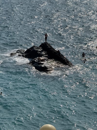 A high-angle shot captures a group of people in the choppy, sun-dappled waters off the coast of Bogliasco, Italy. The scene is dominated by the deep blue sea, with sunlight glinting off the waves. In the foreground, a large, dark rock formation juts out of the water. Several individuals are visible, some swimming in the sea, others perched on the rocks. One person stands silhouetted atop the highest point of the rock, arms outstretched. Another two people are seated on the rocky surface. Further out in the water, several heads are visible as people swim. The overall impression is one of a bright, active day by the Mediterranean Sea.
