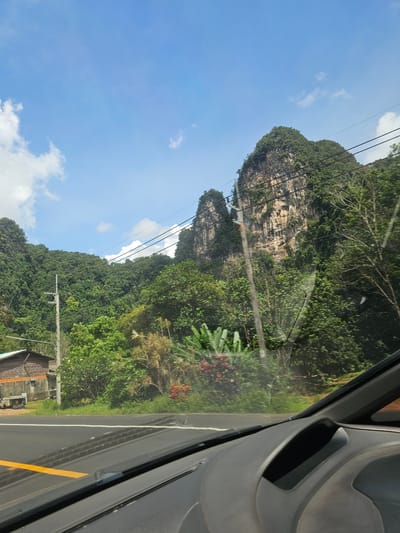 This media file captures a scenic view from inside a vehicle, likely a car, looking out the passenger side window. The image is oriented vertically, with the sky occupying the left portion of the frame and the landscape on the right.

The dominant subjects are the lush, green, forested mountains with rocky cliffs, typical of a tropical or subtropical region. Power lines stretch across the view, indicating a populated area, though the scene feels somewhat remote. On the right side of the frame, a portion of the vehicle's interior is visible, including the dashboard and possibly a door panel, suggesting the photo was taken while in motion.

The sky is a clear, bright blue with a few scattered white clouds, implying fair weather and likely daytime. The sunlight appears to be strong, casting shadows and highlighting the textures of the mountains. The vibrant green of the foliage and the warm tones of the rock faces suggest a tropical climate.

On the lower right, a small, rustic building with a wooden structure and a tiled roof is partially visible, alongside a paved road with a yellow line. This hints at a rural or semi-rural setting. The presence of vegetation, including what appears to be banana leaves, further supports a tropical location.

There is no visible text in the image. The overall impression is one of a journey through a beautiful, natural landscape, with a sense of tranquility and exploration. The angle and framing suggest the photographer was capturing a fleeting moment of the journey.