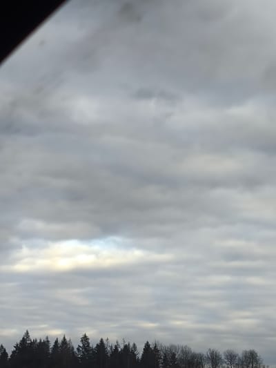 The image shows a view of a dark forest against an overcast sky. The sky is filled with layers of gray clouds, with a slight break near the horizon line allowing for some light. The treeline is dark, with silhouettes of various trees of different heights visible. The top left corner of the image contains a blurred dark area. The location in the city of Kapan', Russia, is not discernible from the image alone.