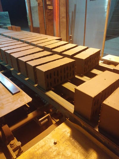 In an industrial setting, likely a brick factory in the rural municipality of Rechytski Sel'ski Sovet, Belarus, a conveyor belt transports newly formed bricks. The bricks, made of reddish-brown clay, are arranged in neat rows on the belt. The conveyor is situated within a structure with wooden supports and translucent, ribbed walls, suggesting an enclosed processing area. The lighting is warm and artificial, casting long shadows and highlighting the texture of the bricks and machinery. The scene captures a moment in the manufacturing process, with a focus on the raw materials ready for further processing or kiln firing. There are no people visible in the image.