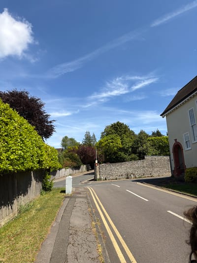 The image depicts a street scene in Guildford, United Kingdom, taken during the daytime with clear blue skies and scattered cirrus clouds. The perspective is from an elevated position, possibly from a window or balcony. A two-story building with a red brick archway over the entrance is visible at the top. A stone wall runs along the right side of the frame adjacent to a paved road with double yellow lines. A green hedge lines the lower portion of the frame, with some red foliage visible amongst it. The road is cracked and worn, and there's some grass and weeds growing along the curb. A white, rectangular structure, possibly a utility box, sits on the edge of the road. In the background, a variety of trees and foliage are visible. A person's head is visible in the top right corner of the image.