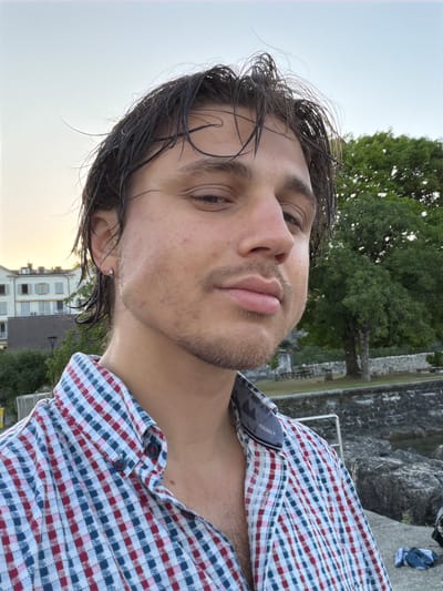 A young man with dark, wet hair and stubble is shown in a close-up, sideways portrait. He is wearing a red, white, and blue checkered button-down shirt. His skin appears slightly flushed, and his lips are parted. The background suggests an outdoor setting with a stone wall, trees, and buildings. The lighting indicates it is either early morning or late afternoon. The man's expression is neutral, with his eyes looking towards the camera. There is no visible text in the image. The scene is set in La Tour-de-Peilz, Switzerland.