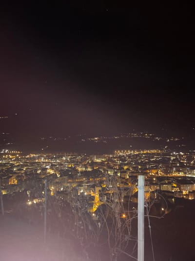 This is a nighttime photograph depicting an extensive view of a city located in a valley, likely Sondrio, Italy, taken from an elevated perspective. When viewed upright (rotated 90 degrees clockwise), the dark night sky occupies the upper left portion of the frame.
The city's artificial lights dominate the middle and right sections of the image, forming bright clusters and lines that outline urban development along what appears to be a valley floor. A darker, less illuminated expanse, possibly a river or unlit terrain, separates the denser city lights from a fainter, more scattered line of lights in the distance to the left.
In the immediate foreground on the right side, bare branches or vines partially obscure the view, suggesting the presence of nearby vegetation or a trellis. Two light-colored, vertical posts are also visible in this foreground area. Within the illuminated city, a prominent structure with a distinct yellow-orange glow stands out towards the center-right, possibly a landmark building such as a church or historical site.
The overall scene conveys a sense of a bustling urban landscape at night, viewed from a high vantage point. The sky appears clear, with only a few very faint pinpricks of light, suggesting either limited visibility of stars due to light pollution or atmospheric haze. There are no people visible in the photograph, and no discernible text is present.
