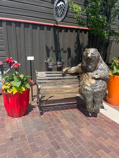 In Park City, Utah, a bronze sculpture of a bear is seated on a bench outside a building with dark wooden siding. The bear, positioned to the right of the bench, has its left arm resting on the bench's backrest and its right paw near its chest. In front of the bench, to the left, is a large red planter filled with red flowers and green foliage. To the right of the bench is an orange planter with some greenery. The ground is paved with red bricks. A tree casts a shadow over the scene. The building appears to be a commercial establishment, possibly a shop or restaurant, with a circular logo mounted above the wooden siding.