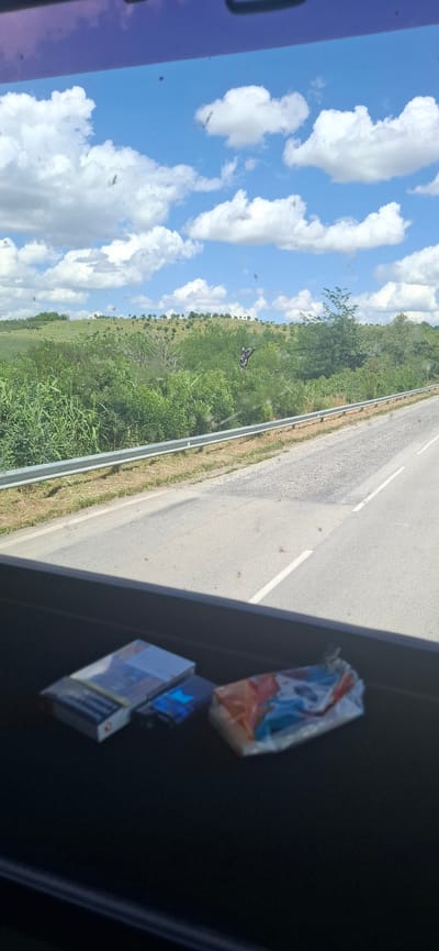 An exterior, eye-level, full shot captures a rural road view from inside a vehicle. The foreground features a dark dashboard with two packs of cigarettes and a small, blue item. The mid-ground displays a paved road with a white line, bordered by a silver guardrail and dry grass. Beyond the road, a lush green hillside is covered in trees and foliage, with a few scattered olive trees visible on the upper slopes. The sky above is a bright blue with scattered white cumulus clouds. In the distance, on the hillside, a person on a dirt bike can be seen. The location is specified as Maslarevo, Bulgaria.