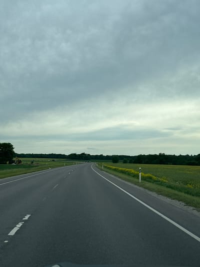The image shows a rural road in Saue, Estonia, under a cloudy sky. The road is paved and has white lane markings. On the left side of the road, there are fields with some construction equipment, including a yellow excavator. On the right side of the road, there is a field of yellow flowers and some trees in the distance. The overall scene suggests a quiet, overcast day in the Estonian countryside.