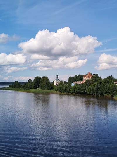 This is a wide-angle, horizontal, eye-level shot of a body of water with a tree-lined shore and a village on the opposite bank under a partly cloudy blue sky. The water occupies the lower two-thirds of the frame and is dark blue with gentle ripples reflecting the sky and trees. The shore, which is the left bank of the body of water, is lined with tall green reeds and then densely packed green trees. The right bank features a village partially obscured by trees. In the village, there are several buildings including a white church with a green dome and a cross, and a partially ruined red brick building with black domes. The sky is bright blue with large, puffy white clouds. The scene appears to be in the village of Анхимово, Russia, likely a lakeside or riverfront view. There are no people or animals visible in the image.