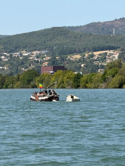 In Saint-Georges-les-Bains, France, on a body of water, two boats are visible. The larger boat, a barge-like vessel with a weathered hull, is partially submerged and appears to be listing. A flag with yellow, green, and red stripes is attached to a mast on the barge. A smaller, white boat is tethered to the larger vessel and floats independently. The background shows a densely wooded hill dotted with houses, indicating a suburban or rural setting. The sky is clear and blue. The water is a calm blue-green, with small ripples.