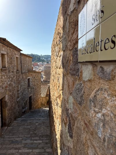 The image shows a narrow, stone-paved alleyway in Tossa de Mar, Spain. The alley is flanked by ancient stone buildings with red-tiled roofs. Sunlight casts long shadows down the passage, suggesting it is either early morning or late afternoon. The sky is clear and blue.
A sign with the words "Ses Escaletes" is visible at the top of the image, mounted on a stone wall. The lettering is dark and appears to be raised from the light-colored tiled surface of the sign. This sign likely indicates the name of the alley or a nearby feature.
In the distance, a panorama of the town is visible, with more stone buildings cascading down a hillside towards the sea. The overall impression is one of historical charm and picturesque Mediterranean architecture. No people are visible in the image, giving a sense of quiet solitude. The scene conveys a feeling of timelessness and tranquility.