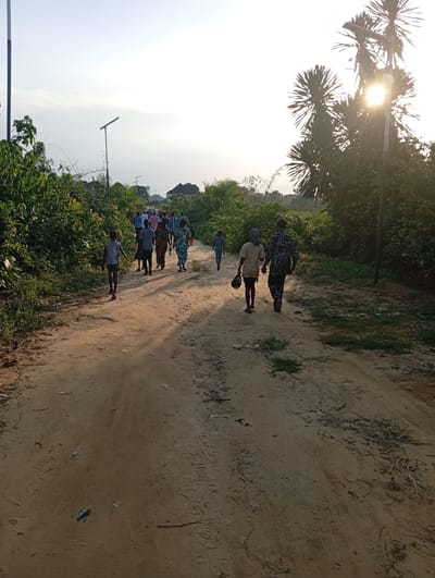 A dirt road in Ibotirem, Nigeria, is occupied by a group of people walking away from the camera. The people are of various heights, and wear casual clothing. The dirt road is lined with green vegetation on either side, and the sun shines brightly in the background. Lampposts stand among the vegetation.