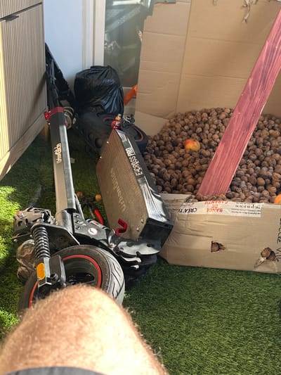 The image displays a cluttered outdoor or brightly lit indoor area with artificial green turf flooring. In the immediate foreground, the lower part of a person's hairy leg is visible. Two electric scooters are prominent: one silver UrbanGlide scooter is positioned on the left, partially upright, while another silver scooter, branded "UrbanGlide E-CROSS PRO," lies on its side, showing exposed components consistent with disassembly or damage. A pair of red-handled pliers and several scattered walnuts are visible on the turf near the scooters. Behind the scooters, a tied black plastic trash bag rests against a light-colored wall or doorframe. To the right, a large open cardboard box is filled with a dense collection of walnuts, with one small reddish-yellow fruit (likely an apple) nestled among them. A red wooden plank is positioned diagonally, leaning into the box and partially submerged in the walnuts. The side of the cardboard box displays text including "CREATI," "BANDE DE GARANTIE," a phone number, and the address: "Parc Commerciale de la Fouille de Roches, Rue Alphonse Beau de Rochas, 92700 COLOMBES," confirming the location in Colombes, France. Holes are present on the box's side, with some walnuts partially protruding. The scene is illuminated by bright sunlight, casting visible shadows.