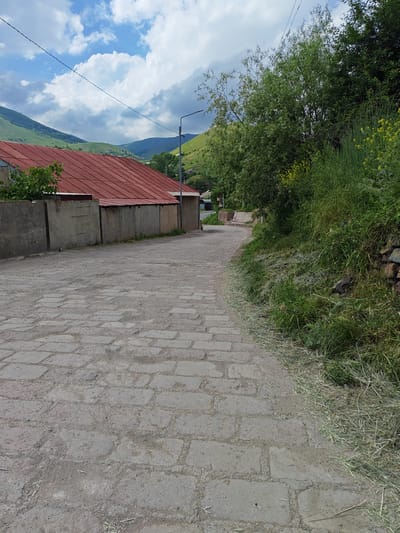 This media file depicts a paved cobblestone path winding through a rural village scene in Bazum, Armenia. The path is made of large, irregular grey stones, and it curves to the right, leading the viewer into the distance. To the left of the path, a long, low building with a striking red metal roof is visible, partially obscured by a weathered stone wall. The building appears to be constructed from concrete blocks and possibly corrugated metal. Beyond the building and wall, the lush green hills of the surrounding landscape rise, dotted with trees and under a sky filled with dramatic white clouds against a bright blue backdrop.

To the right of the path, the terrain slopes upwards, covered in dense, vibrant green grass and vegetation. Scattered amongst the greenery are small clusters of yellow wildflowers, adding a touch of color to the scene. A pile of cut grass or hay lies at the base of the slope, suggesting recent agricultural activity or land maintenance. A stone retaining wall is also visible on the right, with larger, rough-hewn stones. In the distance, a single streetlight stands tall next to the path. The overall impression is one of a peaceful, possibly late morning or early afternoon in a picturesque rural setting. The weather appears to be fair and sunny, with the clouds adding visual interest to the sky. There is no visible text in the image.