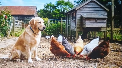 A golden retriever sits on dry straw and dirt in a rural yard, looking to its right. In front of the dog, a flock of five chickens pecks at the ground. Behind the dog and chickens, a wooden chicken coop stands elevated on stilts, with a smaller attached nesting box. To the left of the coop, a wooden barn with a rusted metal roof is visible. The scene is framed by green trees and a bright blue sky, suggesting an outdoor setting, possibly in a village or farm area. There is no indication that this location is in the city of Mitoc, Moldova.